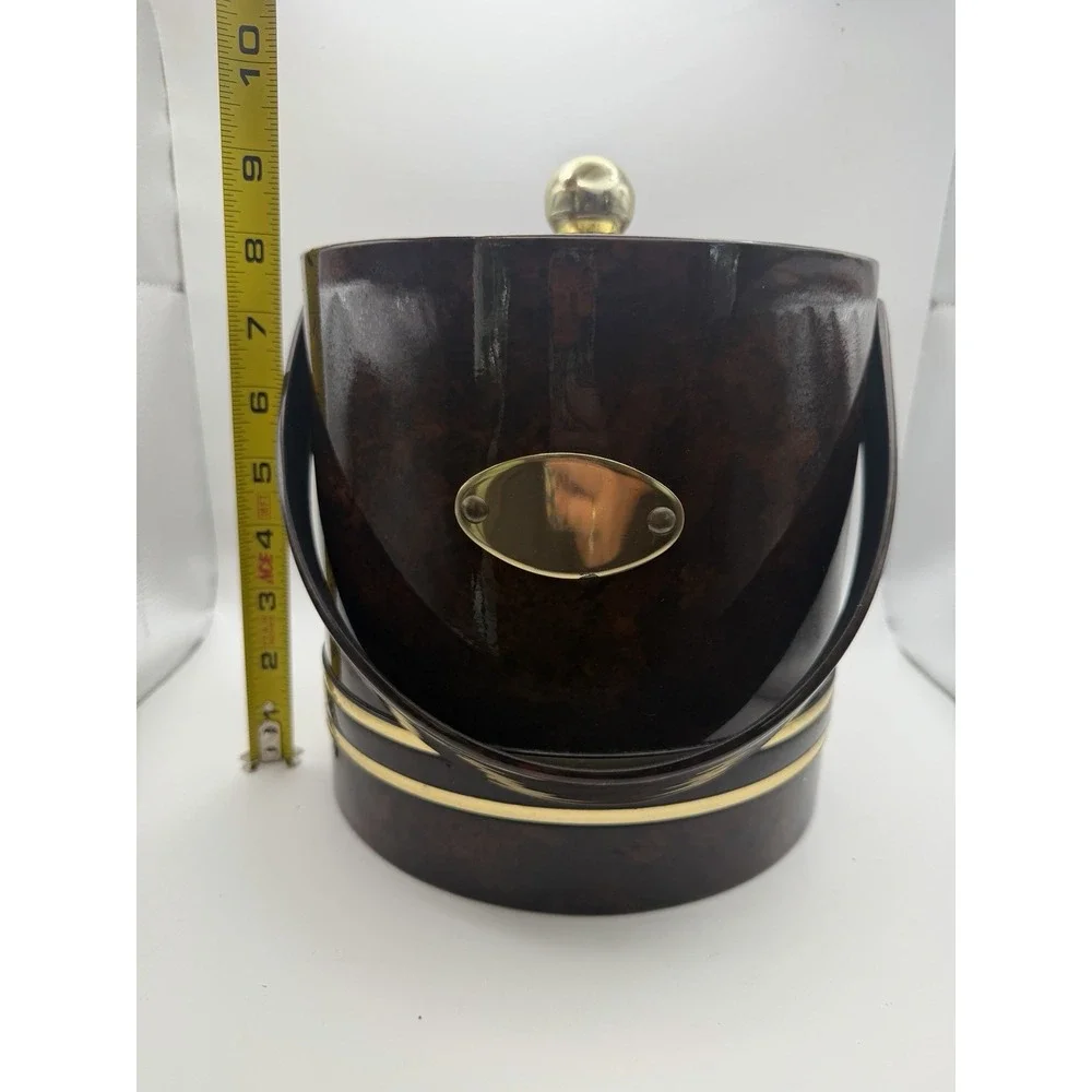 Vintage Faux Burl Wood Ice Bucket Brass Tone MCM Barware Vinyl Woodgrain